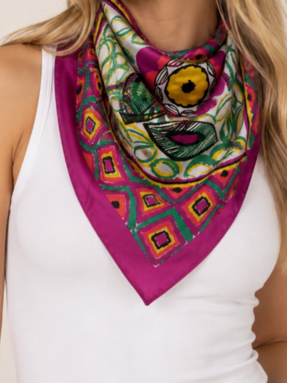 Whimsical Eclectic Floral Print Square Scarf - Fuchsia, Yellow, Green